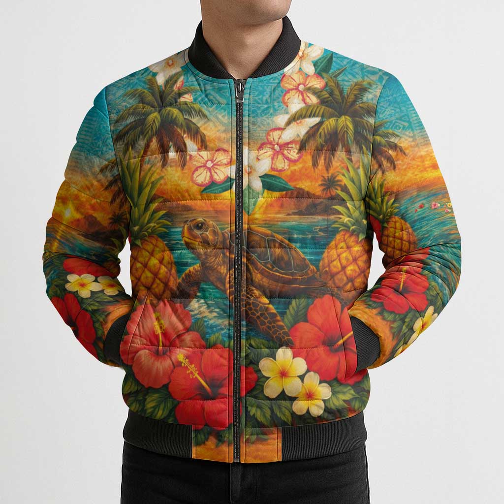 Hawaiian Turtles on Beach Bomber Puffer Jacket with Pineapple Tropical Plant and Lei LT03 - Polynesian Pride