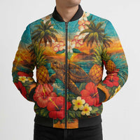 Hawaiian Turtles on Beach Bomber Puffer Jacket with Pineapple Tropical Plant and Lei LT03 - Polynesian Pride
