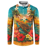 Hawaiian Turtles on Beach Button Sweatshirt with Pineapple Tropical Plant and Lei
