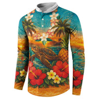 Hawaiian Turtles on Beach Button Sweatshirt with Pineapple Tropical Plant and Lei