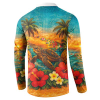 Hawaiian Turtles on Beach Button Sweatshirt with Pineapple Tropical Plant and Lei