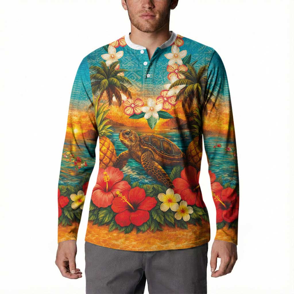 Hawaiian Turtles on Beach Button Sweatshirt with Pineapple Tropical Plant and Lei