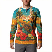 Hawaiian Turtles on Beach Button Sweatshirt with Pineapple Tropical Plant and Lei