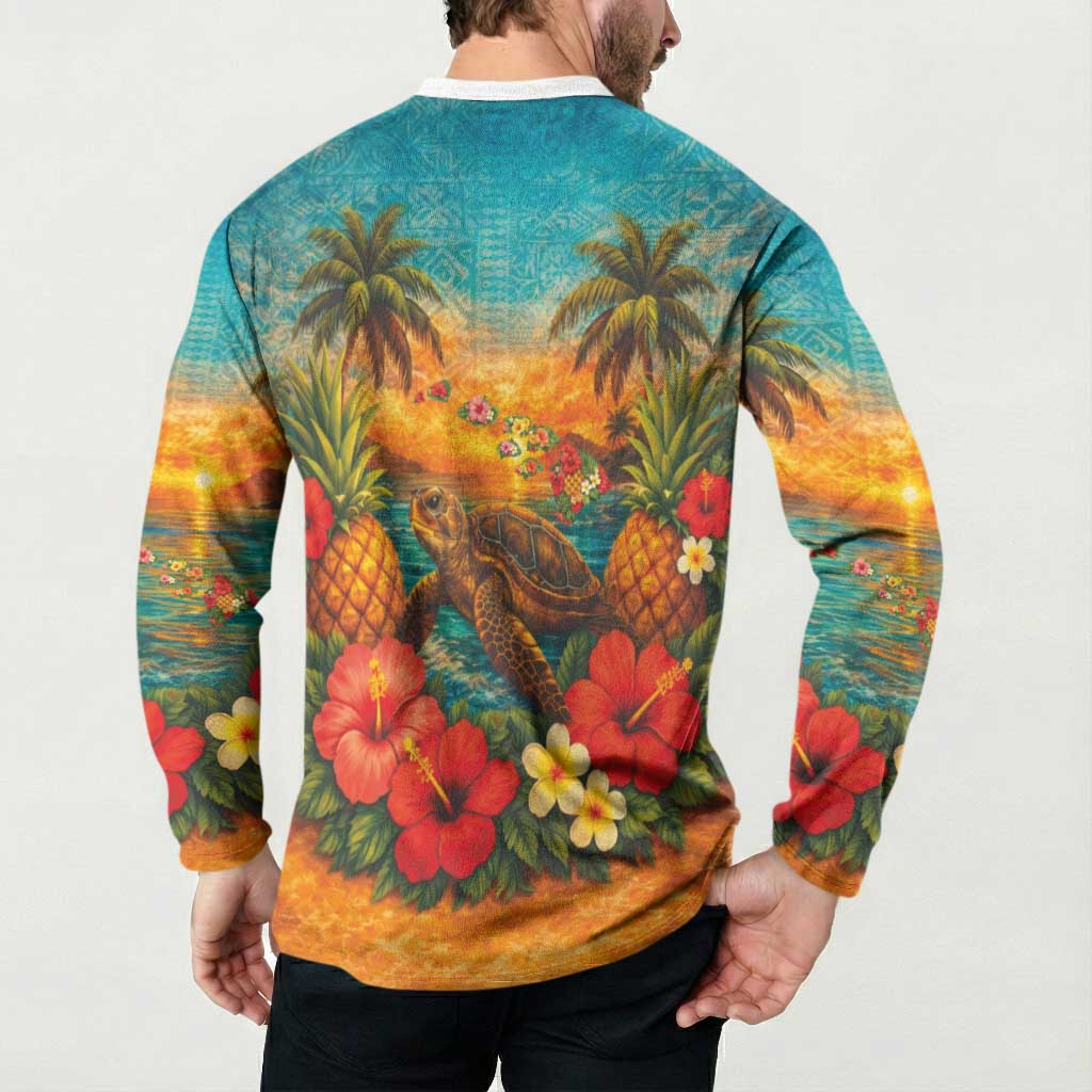 Hawaiian Turtles on Beach Button Sweatshirt with Pineapple Tropical Plant and Lei