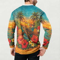 Hawaiian Turtles on Beach Button Sweatshirt with Pineapple Tropical Plant and Lei