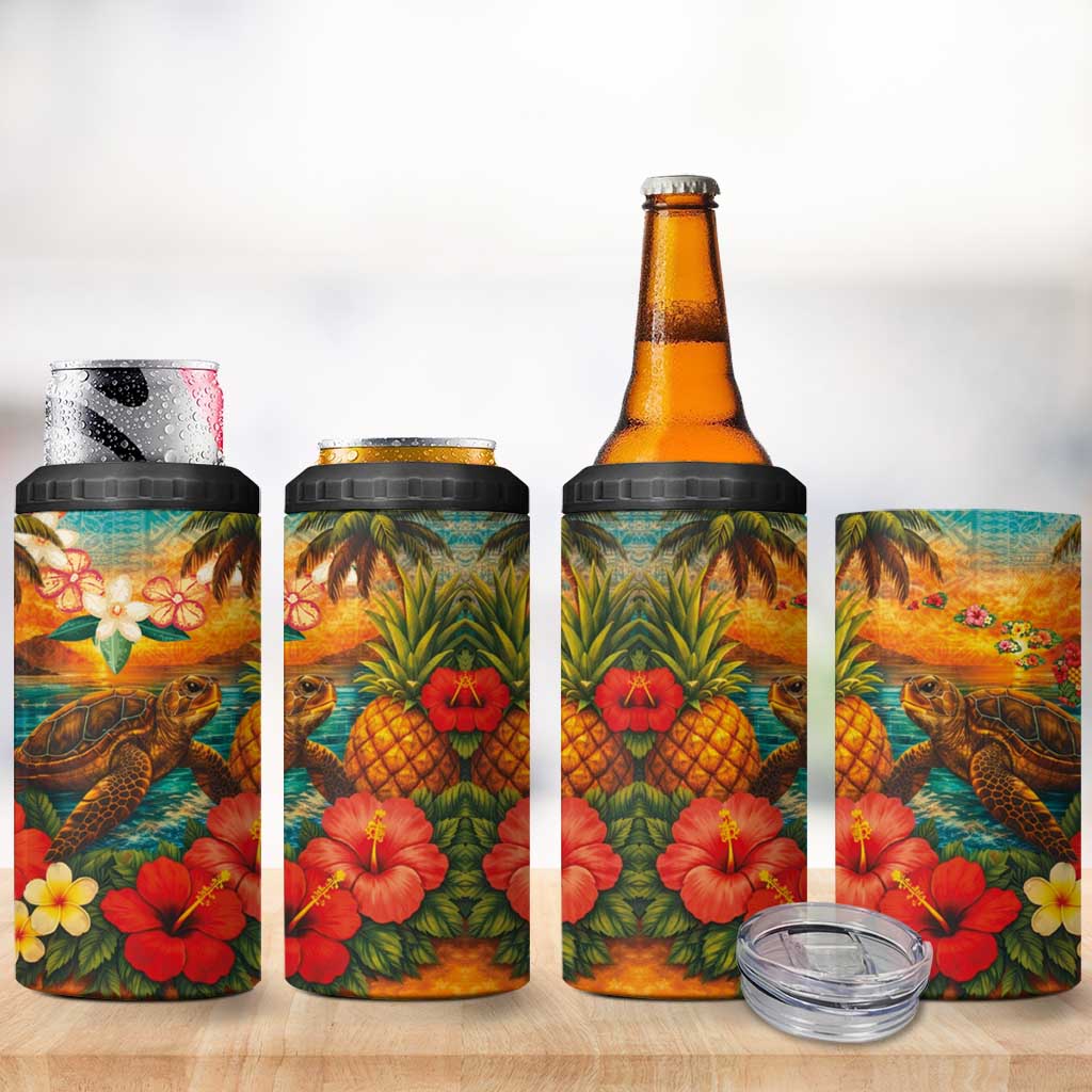 Hawaiian Turtles on Beach 4 in 1 Can Cooler Tumbler with Pineapple Tropical Plant and Lei LT03 - Polynesian Pride