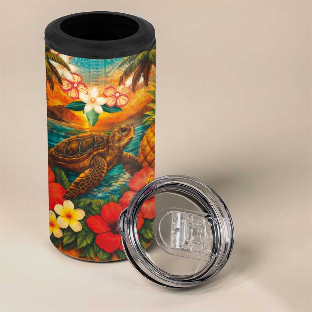 Hawaiian Turtles on Beach 4 in 1 Can Cooler Tumbler with Pineapple Tropical Plant and Lei LT03 - Polynesian Pride
