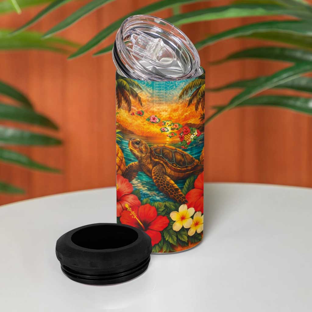 Hawaiian Turtles on Beach 4 in 1 Can Cooler Tumbler with Pineapple Tropical Plant and Lei LT03 - Polynesian Pride