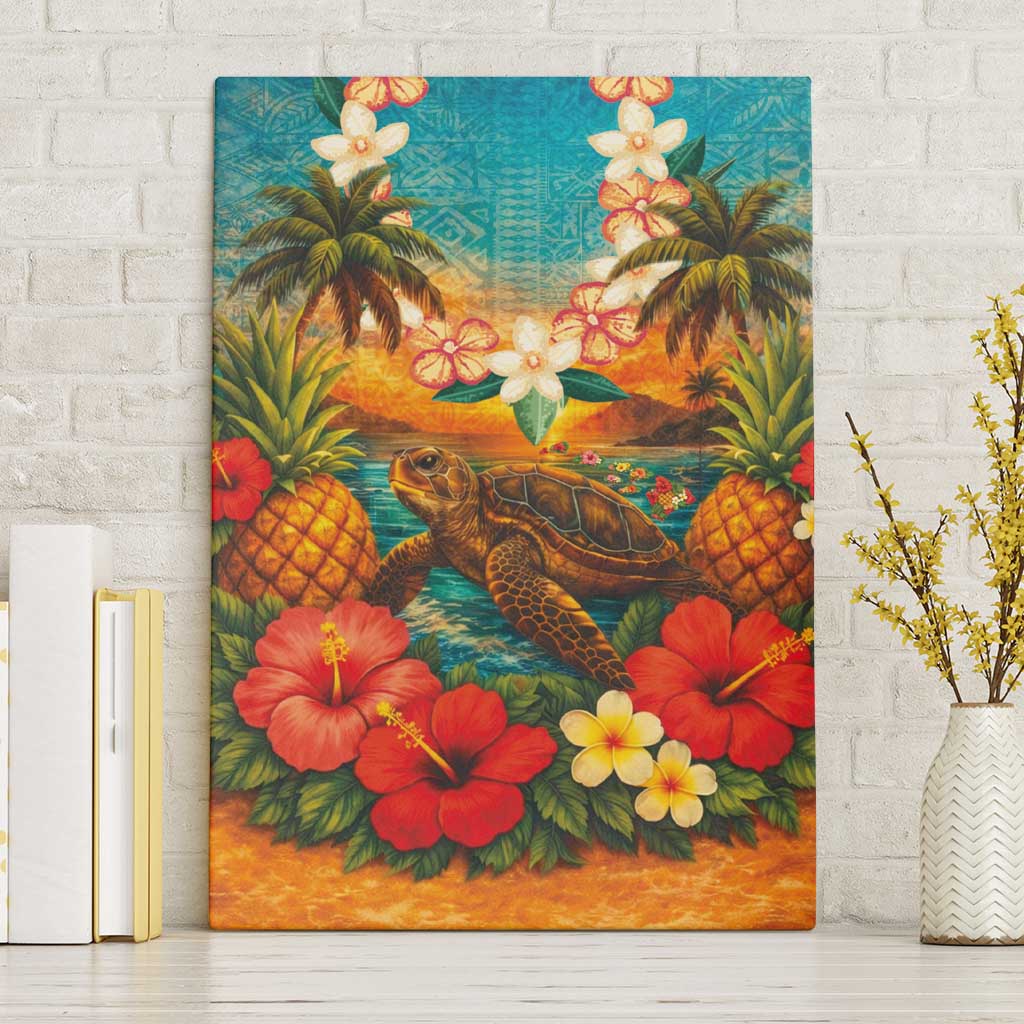 Hawaiian Turtles on Beach Canvas Wall Art with Pineapple Tropical Plant and Lei LT03 Without Frame Multicolor - Polynesian Pride