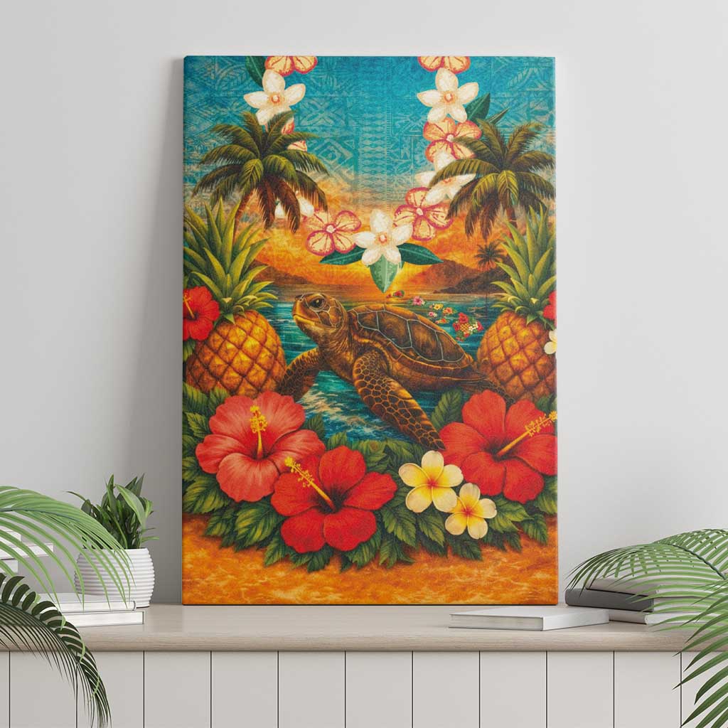 Hawaiian Turtles on Beach Canvas Wall Art with Pineapple Tropical Plant and Lei LT03 - Polynesian Pride