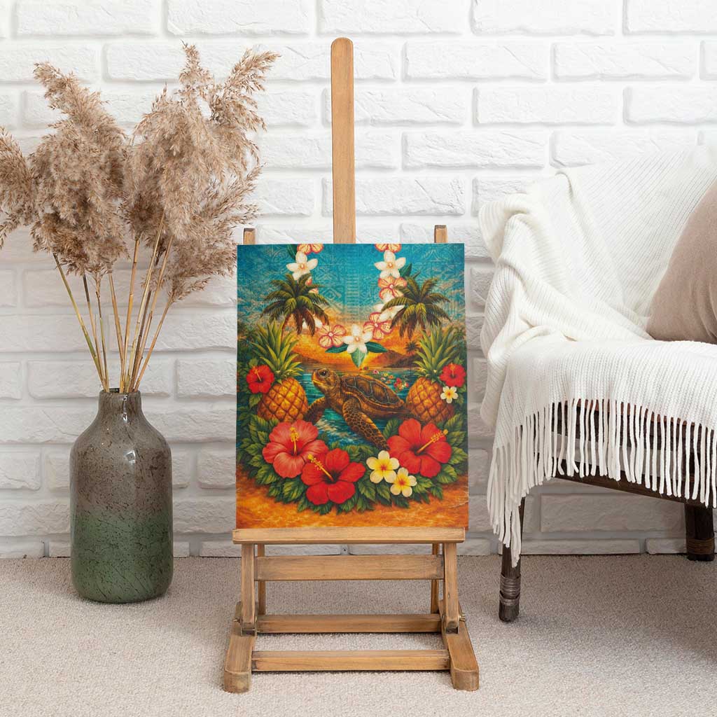 Hawaiian Turtles on Beach Canvas Wall Art with Pineapple Tropical Plant and Lei LT03 - Polynesian Pride
