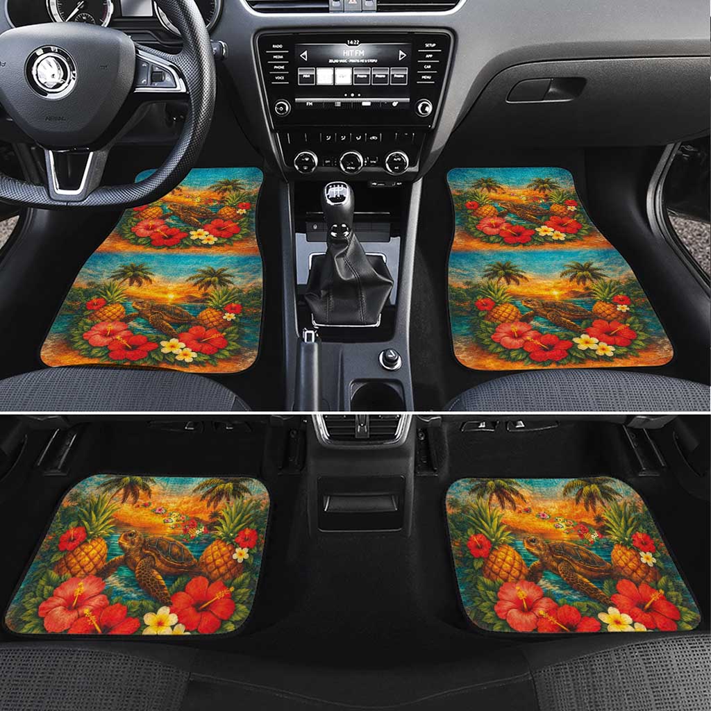 Hawaiian Turtles on Beach Car Mats with Pineapple Tropical Plant and Lei LT03 Set 4pcs Multicolor - Polynesian Pride