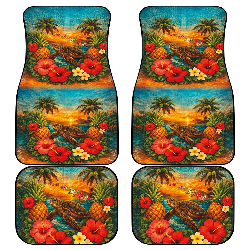 Hawaiian Turtles on Beach Car Mats with Pineapple Tropical Plant and Lei LT03 - Polynesian Pride