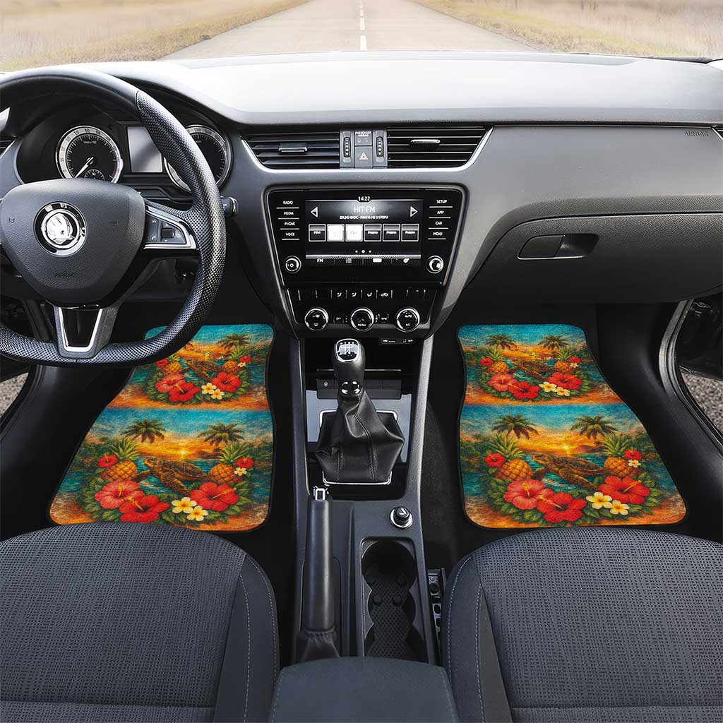 Hawaiian Turtles on Beach Car Mats with Pineapple Tropical Plant and Lei LT03 Set 2pcs - Front Multicolor - Polynesian Pride