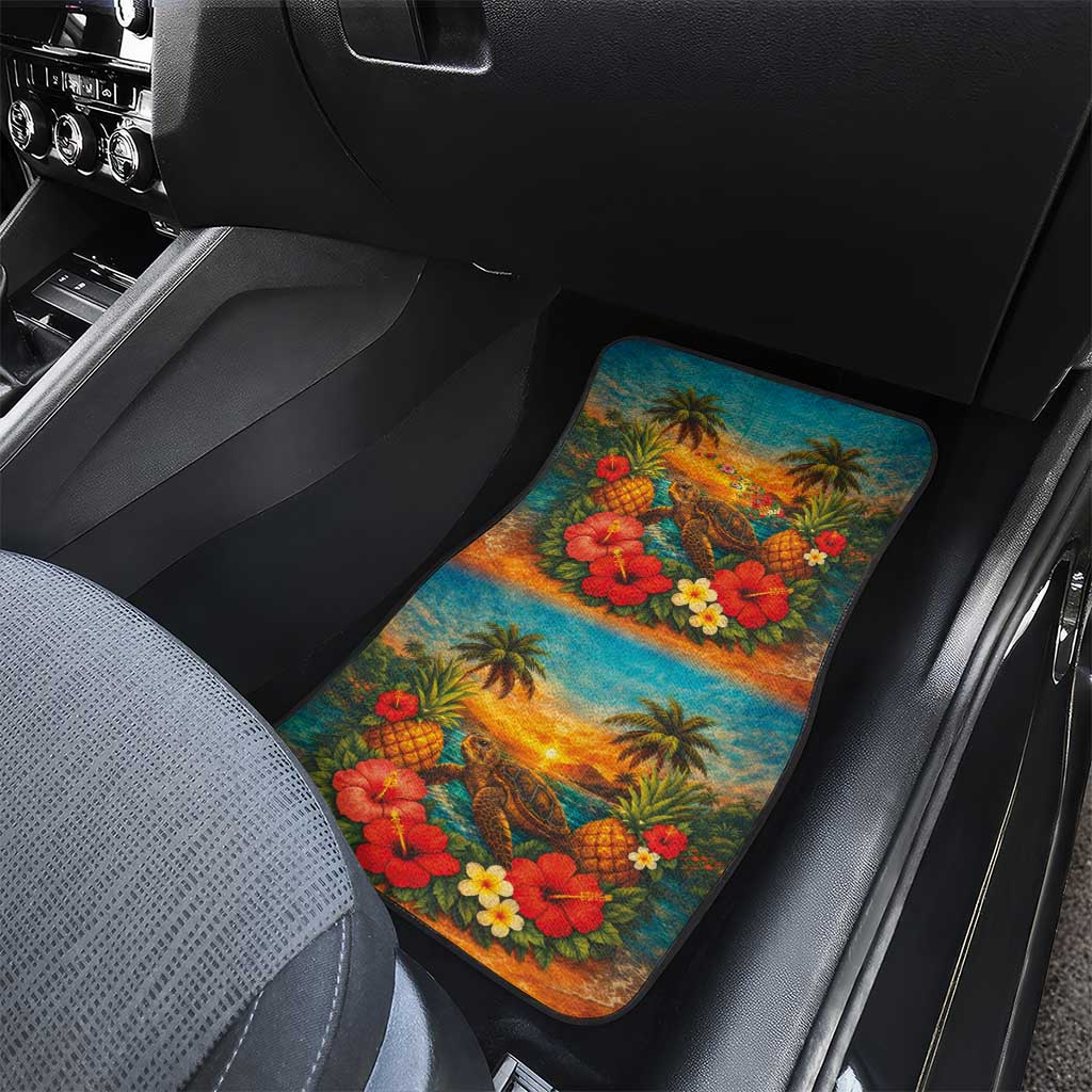 Hawaiian Turtles on Beach Car Mats with Pineapple Tropical Plant and Lei LT03 - Polynesian Pride
