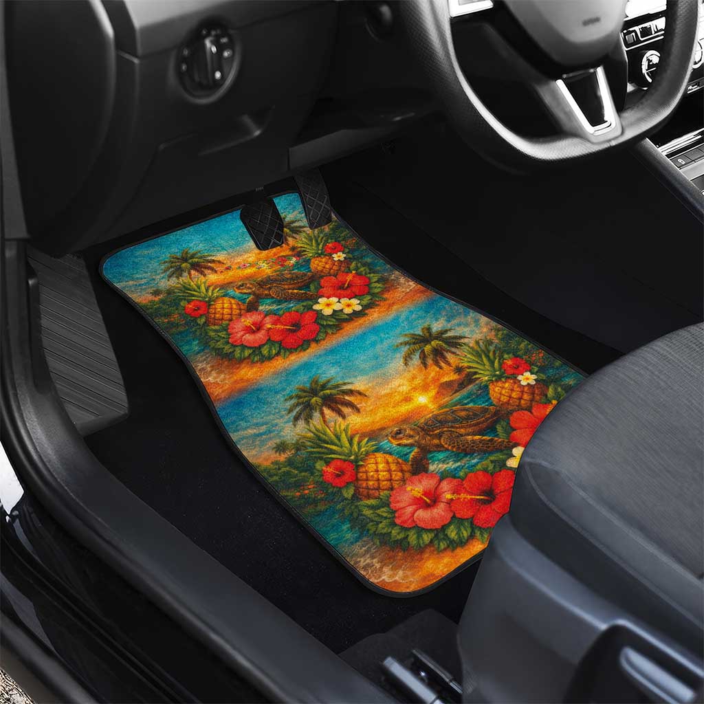 Hawaiian Turtles on Beach Car Mats with Pineapple Tropical Plant and Lei LT03 - Polynesian Pride