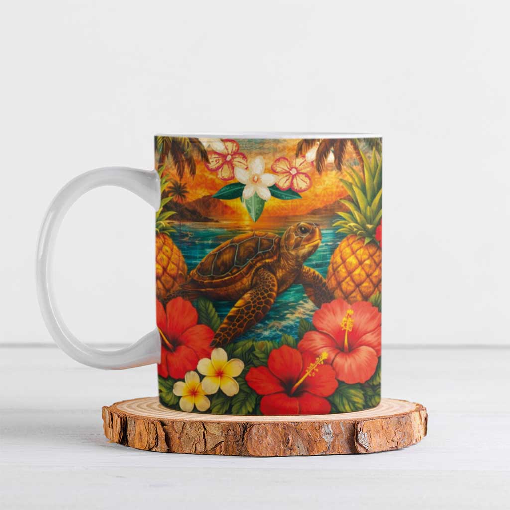 Hawaiian Turtles on Beach Ceramic Mug with Pineapple Tropical Plant and Lei LT03 Multicolor - Polynesian Pride