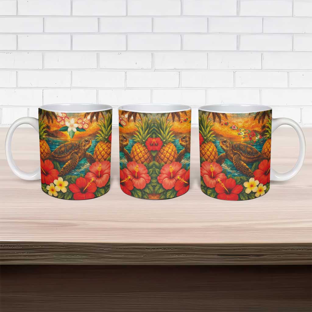 Hawaiian Turtles on Beach Ceramic Mug with Pineapple Tropical Plant and Lei LT03 - Polynesian Pride