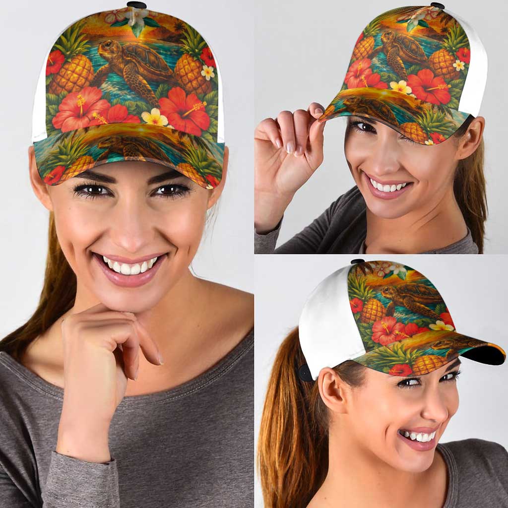 Hawaiian Turtles on Beach Classic Cap with Pineapple Tropical Plant and Lei LT03 - Polynesian Pride
