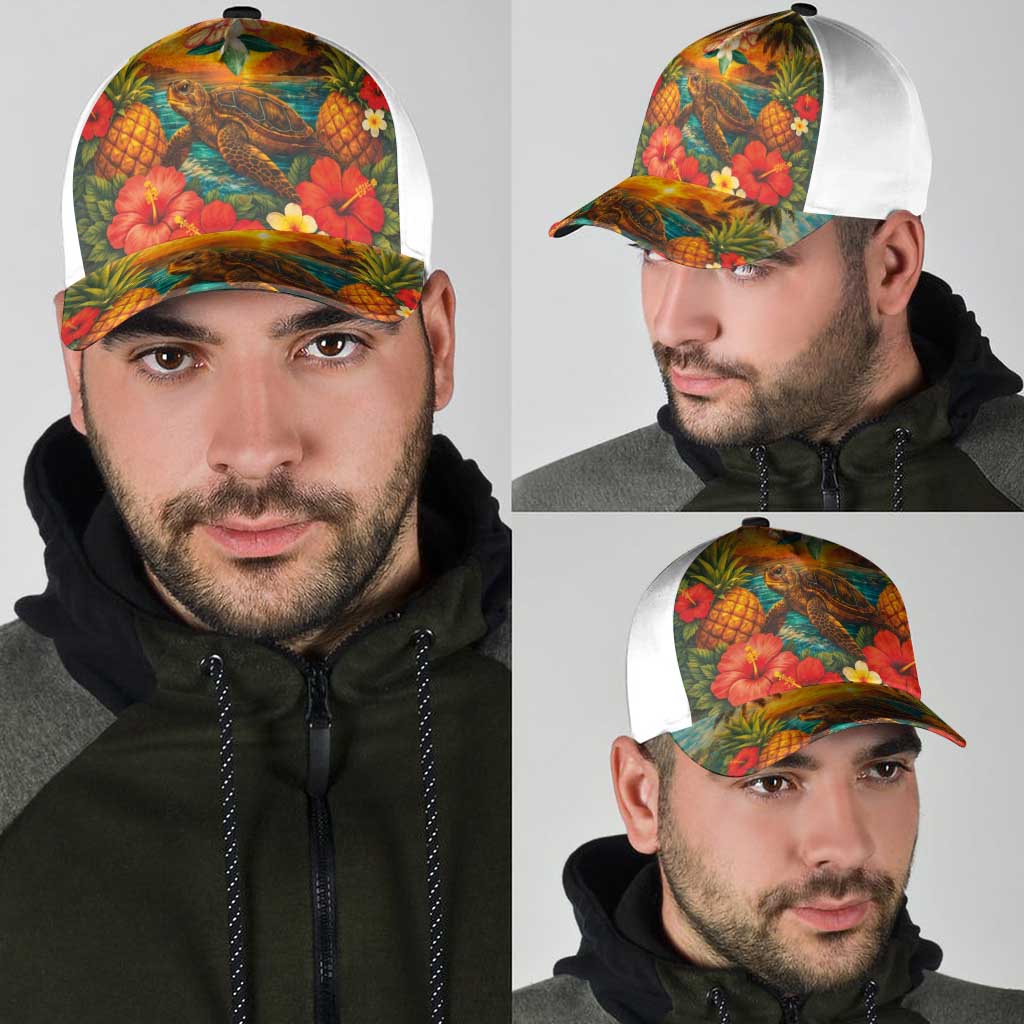 Hawaiian Turtles on Beach Classic Cap with Pineapple Tropical Plant and Lei LT03 - Polynesian Pride