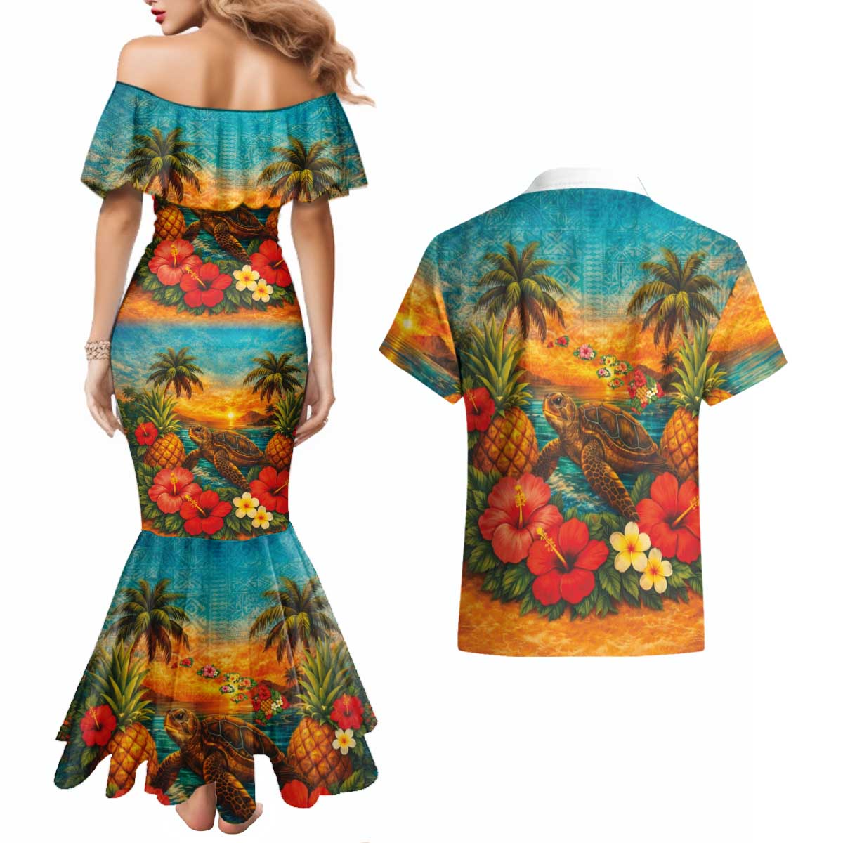 Hawaiian Turtles on Beach Couples Matching Mermaid Dress and Hawaiian Shirt with Pineapple Tropical Plant and Lei