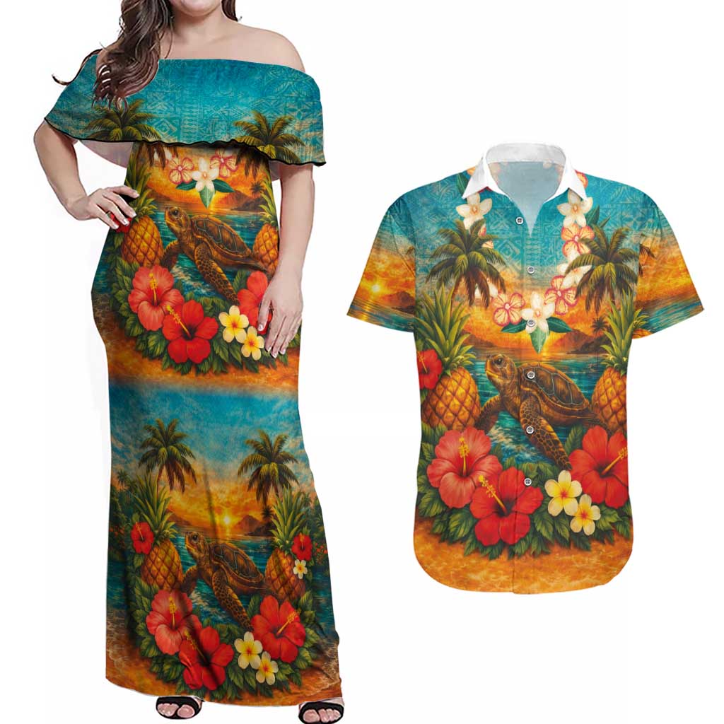 Hawaiian Turtles on Beach Couples Matching Off Shoulder Maxi Dress and Hawaiian Shirt with Pineapple Tropical Plant and Lei