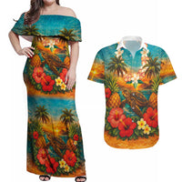 Hawaiian Turtles on Beach Couples Matching Off Shoulder Maxi Dress and Hawaiian Shirt with Pineapple Tropical Plant and Lei