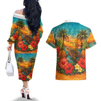 Hawaiian Turtles on Beach Couples Matching Off The Shoulder Long Sleeve Dress and Hawaiian Shirt with Pineapple Tropical Plant and Lei