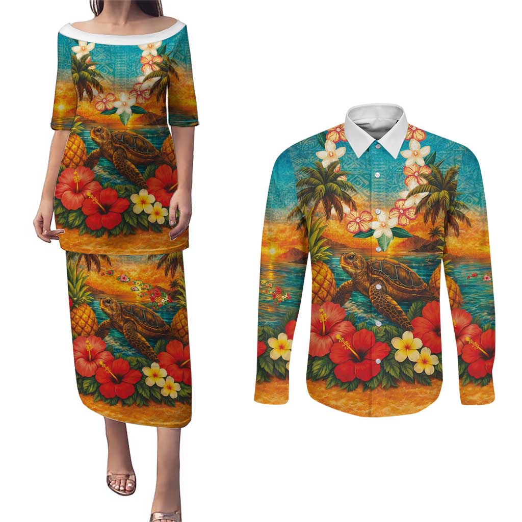 Hawaiian Turtles on Beach Couples Matching Puletasi and Long Sleeve Button Shirt with Pineapple Tropical Plant and Lei LT03 Multicolor - Polynesian Pride
