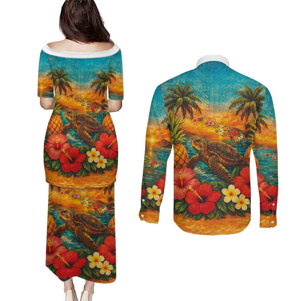 Hawaiian Turtles on Beach Couples Matching Puletasi and Long Sleeve Button Shirt with Pineapple Tropical Plant and Lei LT03 - Polynesian Pride