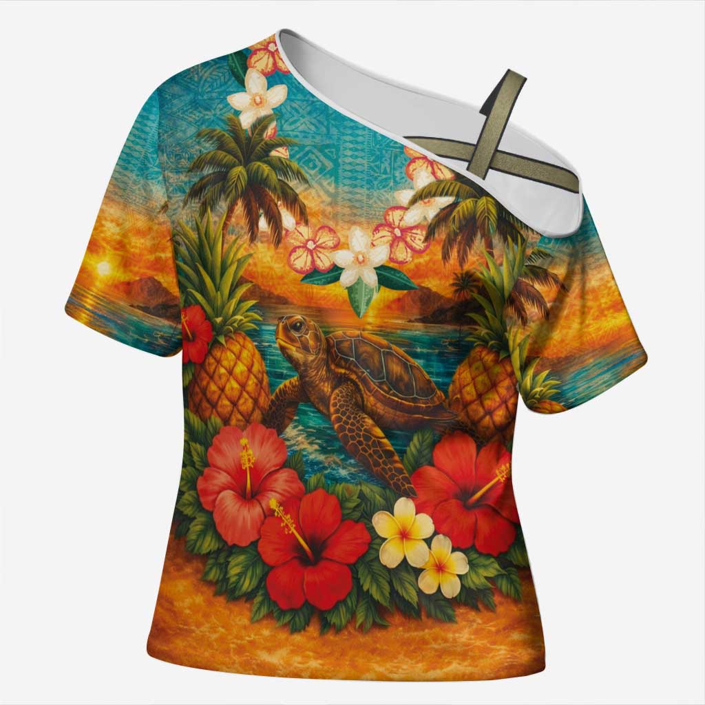 Hawaiian Turtles on Beach Cross Shoulder Shirt with Pineapple Tropical Plant and Lei LT03 Female Multicolor - Polynesian Pride