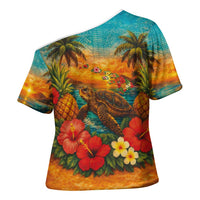 Hawaiian Turtles on Beach Cross Shoulder Shirt with Pineapple Tropical Plant and Lei LT03 - Polynesian Pride