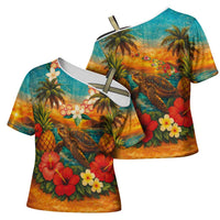 Hawaiian Turtles on Beach Cross Shoulder Shirt with Pineapple Tropical Plant and Lei LT03 - Polynesian Pride