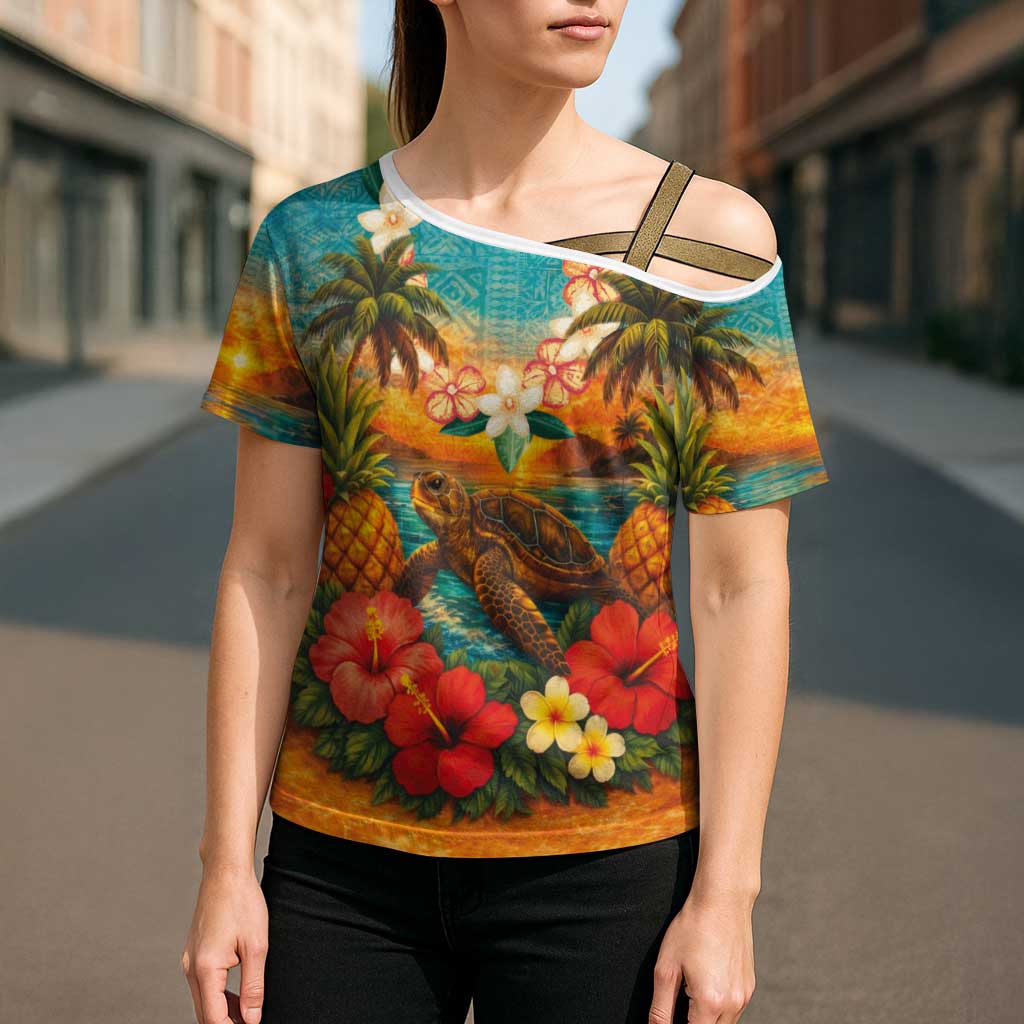 Hawaiian Turtles on Beach Cross Shoulder Shirt with Pineapple Tropical Plant and Lei LT03 - Polynesian Pride