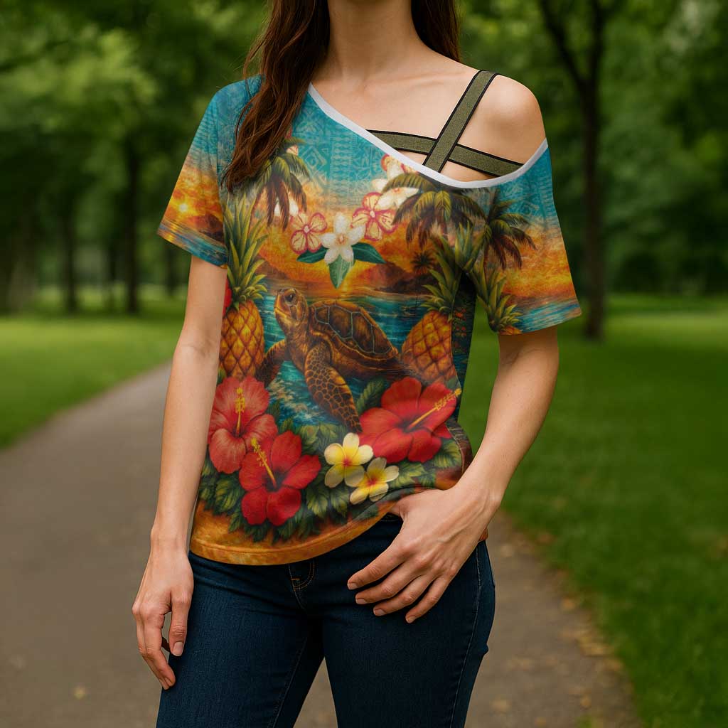 Hawaiian Turtles on Beach Cross Shoulder Shirt with Pineapple Tropical Plant and Lei LT03 - Polynesian Pride