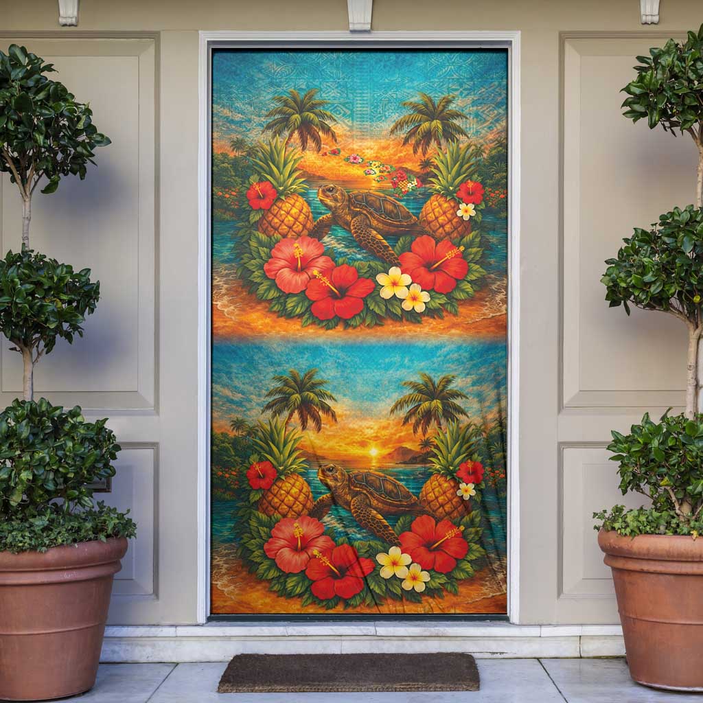Hawaiian Turtles on Beach Door Cover with Pineapple Tropical Plant and Lei LT03 Multicolor - Polynesian Pride