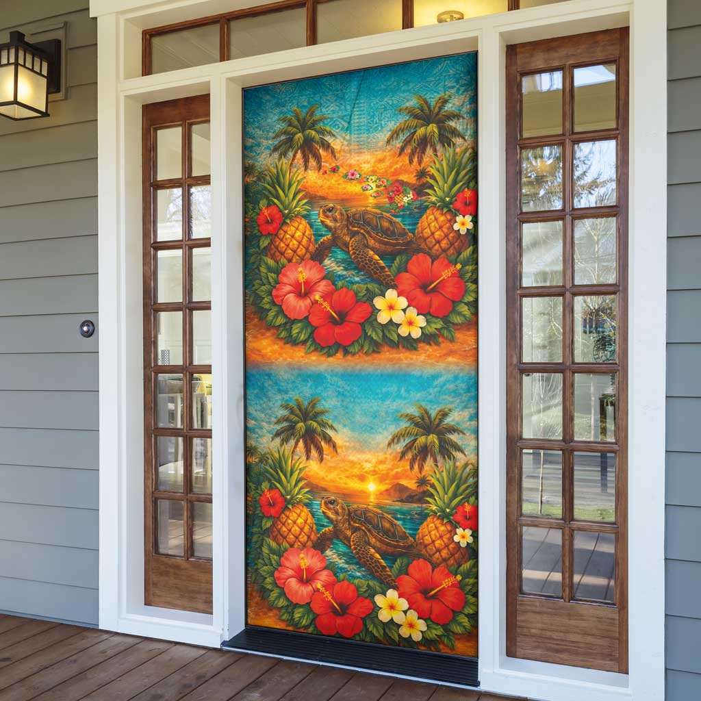 Hawaiian Turtles on Beach Door Cover with Pineapple Tropical Plant and Lei LT03 - Polynesian Pride