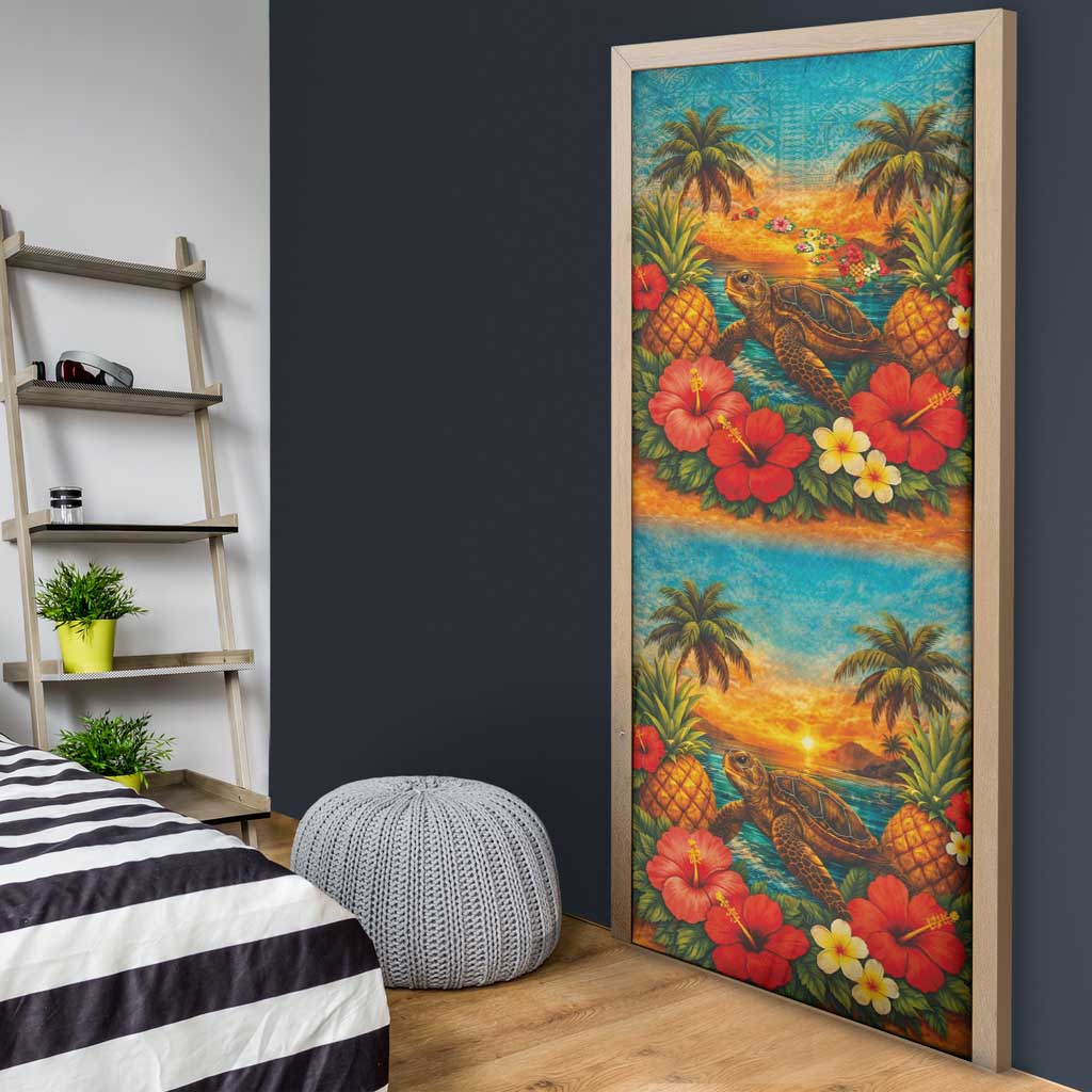 Hawaiian Turtles on Beach Door Cover with Pineapple Tropical Plant and Lei LT03 - Polynesian Pride