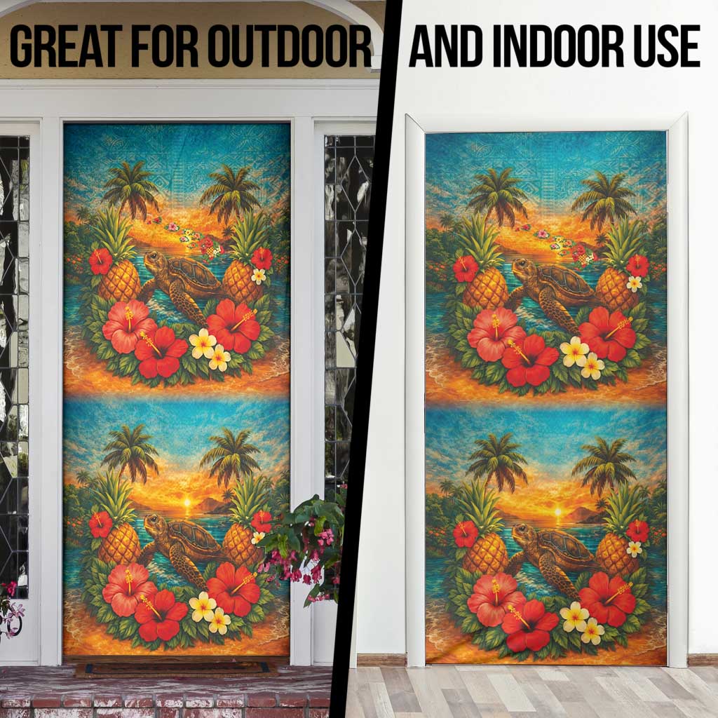 Hawaiian Turtles on Beach Door Cover with Pineapple Tropical Plant and Lei LT03 - Polynesian Pride