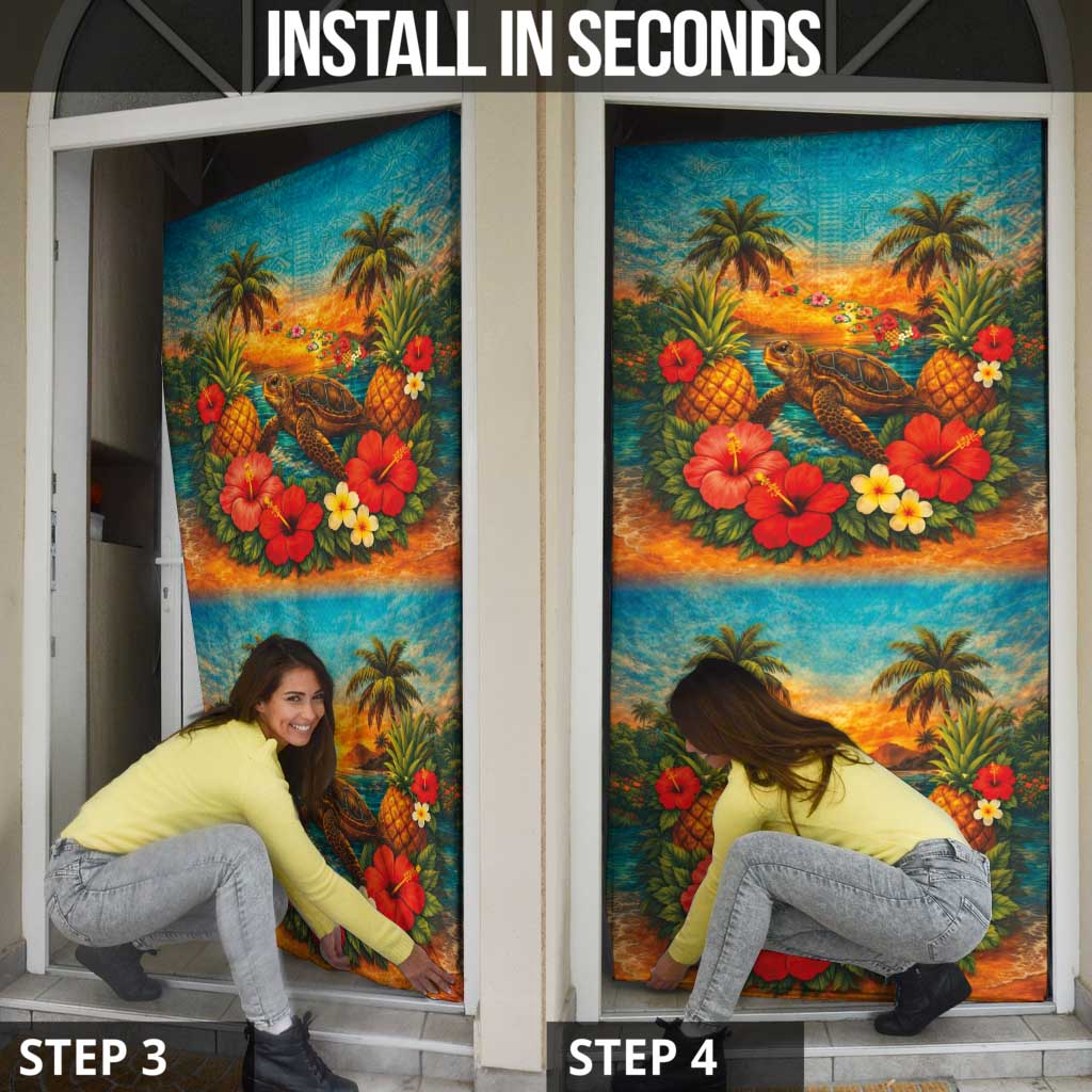 Hawaiian Turtles on Beach Door Cover with Pineapple Tropical Plant and Lei LT03 - Polynesian Pride