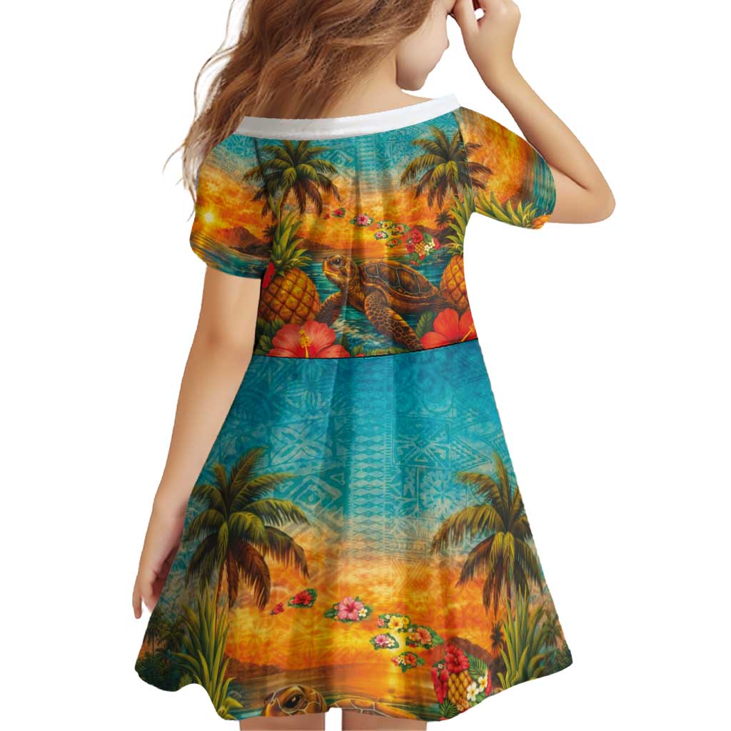 Hawaiian Turtles on Beach Family Matching Long Sleeve Bodycon Dress and Hawaiian Shirt with Pineapple Tropical Plant and Lei