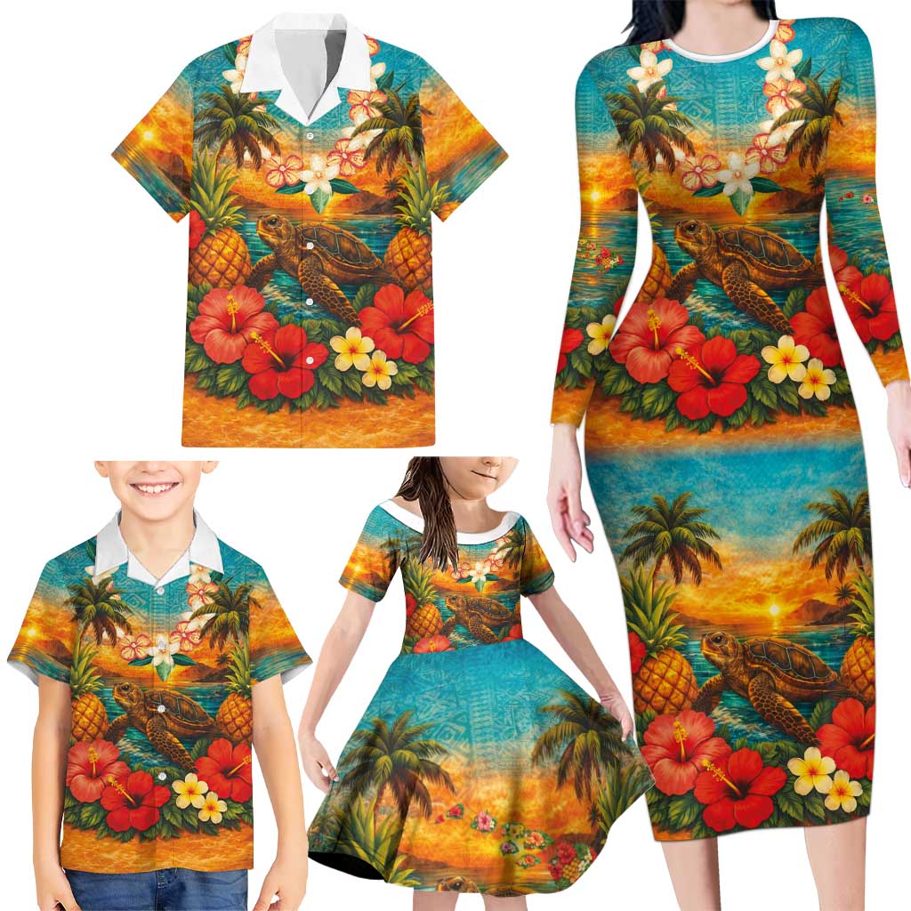 Hawaiian Turtles on Beach Family Matching Long Sleeve Bodycon Dress and Hawaiian Shirt with Pineapple Tropical Plant and Lei