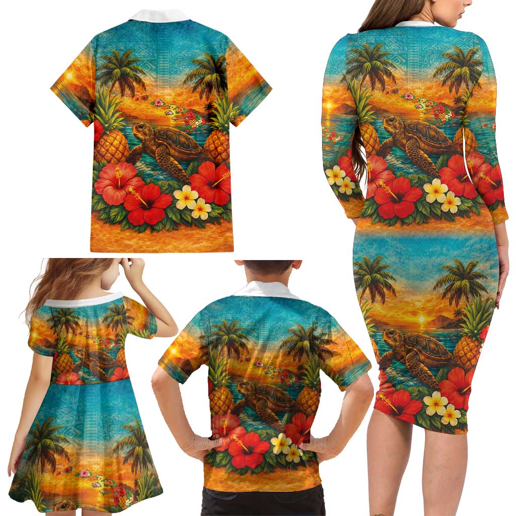 Hawaiian Turtles on Beach Family Matching Long Sleeve Bodycon Dress and Hawaiian Shirt with Pineapple Tropical Plant and Lei