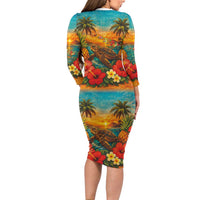 Hawaiian Turtles on Beach Family Matching Long Sleeve Bodycon Dress and Hawaiian Shirt with Pineapple Tropical Plant and Lei