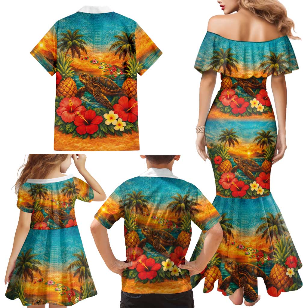 Hawaiian Turtles on Beach Family Matching Mermaid Dress and Hawaiian Shirt with Pineapple Tropical Plant and Lei