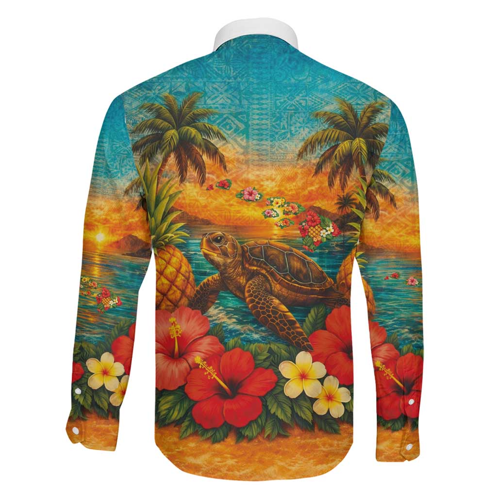 Hawaiian Turtles on Beach Family Matching Mermaid Dress and Hawaiian Shirt with Pineapple Tropical Plant and Lei