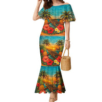 Hawaiian Turtles on Beach Family Matching Mermaid Dress and Hawaiian Shirt with Pineapple Tropical Plant and Lei