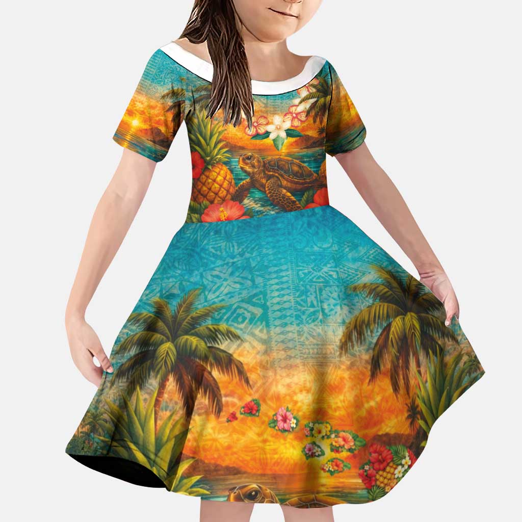 Hawaiian Turtles on Beach Family Matching Off The Shoulder Long Sleeve Dress and Hawaiian Shirt with Pineapple Tropical Plant and Lei