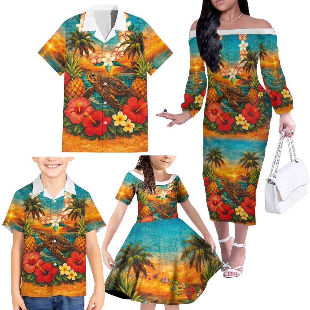 Hawaiian Turtles on Beach Family Matching Off The Shoulder Long Sleeve Dress and Hawaiian Shirt with Pineapple Tropical Plant and Lei