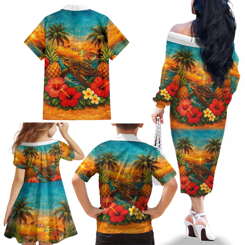 Hawaiian Turtles on Beach Family Matching Off The Shoulder Long Sleeve Dress and Hawaiian Shirt with Pineapple Tropical Plant and Lei